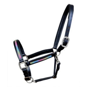 Silla de montar inglesa de cuero negro con brillo arcoíris en la narigueira y las patillas, herrajes plateados ajustables, elegante para equitación. - Product Image 3