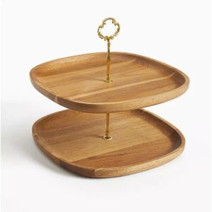 Plateau à gâteau à 2 étages en bois d'acacia avec poignée dorée, présentoir à dessert, décoration de table de restaurant, pour support à gâteau de mariage - Product Image 1