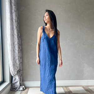 Personnalisé été décontracté femmes robe mi-longue 100% lin solide tissage ample tissé Spaghetti sangle doux numérique imprimé lavable - Product Image 1