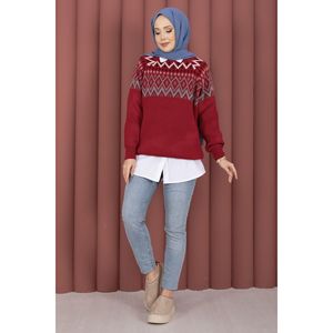 เสื้อคลุมคาร์ดิแกนไหมพรมสีแดงทรงหลวมสำหรับผู้หญิง ลายดอกไม้สไตล์ชาติพันธุ์ ระบายอากาศได้ดี เหมาะสำหรับใส่ลำลองในฤดูหนาวและฤดูใบไม้ร่วง - Product Image 1