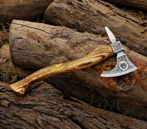 Hache viking artisanale avec manche en bois de frêne gravé et fourreau en cuir avec gravure sur la tête - Product Image 6