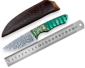 Couteau EDC à lame fixe en acier Damas fabriqué par OEM, pointe tombante, manche en bois vert, fourreau vertical, lame pleine, couteau de chasse et de camping - Product Image 1