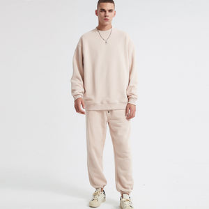 360g coton solide col rond hommes deux pièces ensemble survêtement coupe ample pull deux pièces à capuche pantalons de survêtement ensemble homme - Product Image 4