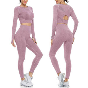 Ensemble de yoga sportif bleu chauffant pour femme : haut court à manches longues et leggings taille haute en spandex, séchage rapide, tenue de fitness active - Product Image 3