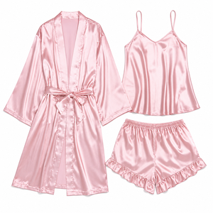Women’s Satin 3 Piece Pajama Set Kimono Robe <b>Spaghetti</b> Strap Camisole Ruffle Shorts Luxury Silk Feel Bridal Sleepwear Summer Lou - Product Image 2