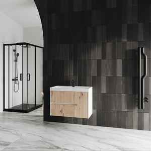 Meuble de salle de bain minimaliste mural Cannes KORICINI 80 cm en chêne doré côtelé, deux pièces, avec lavabo intégré - Product Image 2