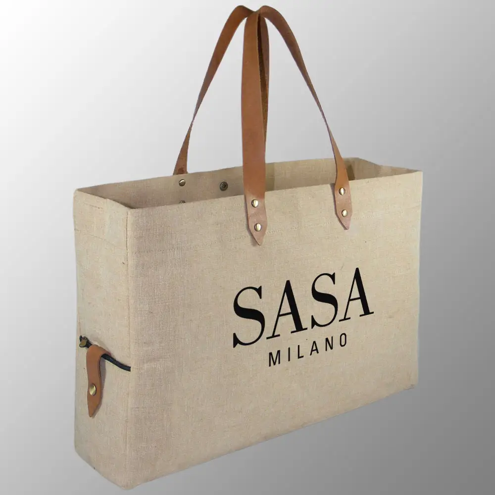 Juco Leather Bag jute cotton bag with leather handles Customized Lifestyle Bags custom printed in your required artwork or logo