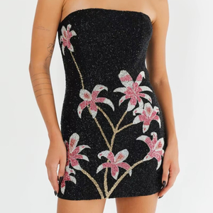 Elegante Vestido de satén Vintage de lujo con bordado de cuentas falda de tul antiestático logotipo frontal caliente Sexy sin mangas recto hasta la rodilla - Product Image 1