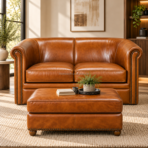 Sofá de 2 Plazas de Cuero Genuino, Sofá de Cuero de Lujo con Brazos Enrollados, Detalles con Tachuelas, Mueble Clásico para Sala de Estar u Hotel, Hecho en EE. UU. - Product Image 1