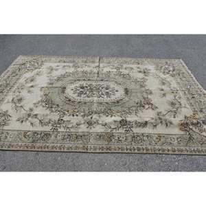 Alfombra de lana turca vintage estilo clásico de 6x9 pies con diseño rectangular de retazos beige y verde para grandes áreas con respaldo de látex - Product Image 3