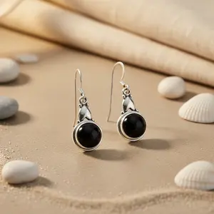 Boucles d'oreilles pendantes en or 14 carats et argent 925 avec onyx noir et diamants pour femmes, cadeau de mariage, bijoux - Product Image 1