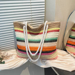 Crochet New Women's Shoulder <b>Bag</b> Rainbow Stripes Color Contrast Large Capacity <b>Straw</b> Beach Vacation Summer Daily Use - Product Image 4