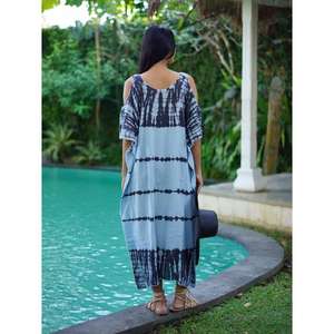 Women Blue Black Tie Dye Eco-Friendly Natural Waist <b>Cold</b> <b>Shoulder</b> Boho Floor-Length <b>Maxi</b> <b>Dress</b> Summer Beach Resort Wear - Product Image 4