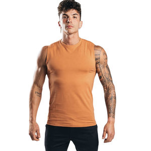 Premium Mens Ras Du Cou Sans Manches Débardeur Chemise D'entraînement Légère pour Gym Tissu Évacuation De L'humidité Tan Tops en Vente - Product Image 2