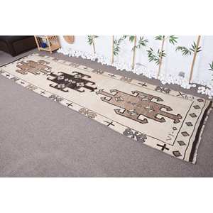 Alfombra turca vintage de lana beige y marrón clásica de 33x124 pies, diseño de retazos de pelo medio ecológico con respaldo de látex - Product Image 1