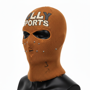 Balaclava pour homme en tissu acrylique épais à côtes, 320 GSM, marron, pour temps froid, avec logo appliqué personnalisé - Product Image 4