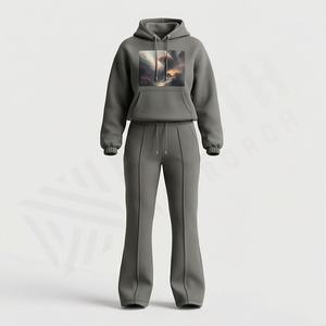 Custom Logo Casual Jogging <b>Women</b> Suit Blank Oversized Cotton Cropped Hoodie And Wide Leg Flare Jogger <b>Sweat</b> <b>Pant</b> Set Gym Wear - Product Image 1