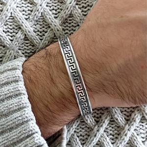 Unisex 925 Sterling <b>Silver</b> Embroidered <b>Cuff</b> <b>Bracelet</b> Adjustable Medium Thickness Patterned <b>Bracelet</b> Handmade Anni for Men Women - Product Image 6
