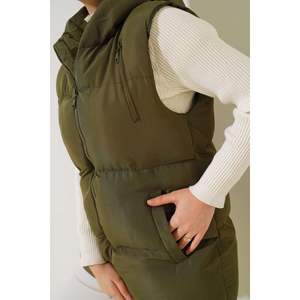 Chaleco acolchado caqui de tres bolsillos para mujer, chaleco impermeable largo con soporte de lana de tela de punto Vintage bordado de talla grande - Product Image 4