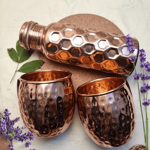 Simple Dotted Copper Bottle with Two Copper <b>Cups</b> | Pure Copper Drinkware Set | Eco Friendly Daily Use Water Bottle and <b>Cup</b> Set - Product Image 5