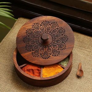 Luxury Handmade <b>Wooden</b> <b>Spice</b> Box Round Shape <b>Wooden</b> Container Box Masala Box <b>Spices</b> <b>Rack</b> for Kitchen Restaurant BY HF CRAFTS - Product Image 1
