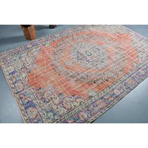 Tapis Turc Vintage 5.8 X 8.8ft Orange Bleu Patchwork Design Laine Matériel Latex pour Entrée Couloir Abstrait 9x12 Rectangle - Product Image 2