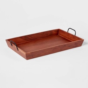Planche de service en bois rayée moderne avec poignées en métal noir |   Plateau en bois multicolore pour Ottoman et charcuterie. - Product Image 5
