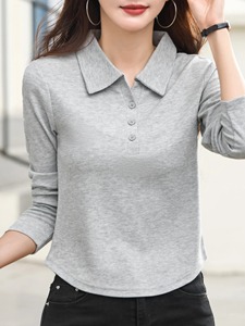 เสื้อโปโลผ้าฝ้ายเรียบง่ายสไตล์ลำลองสำหรับผู้หญิง คอลเลคชั่นฤดูร้อนปี 2026 คอตั้ง แขนยาว พร้อมตกแต่งรังดุมประดับด้วยลูกปัด ปี 2026 - Product Image 5
