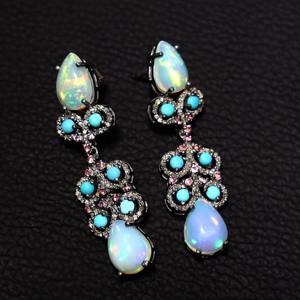 Boucles d'oreilles en argent avec opale éthiopienne et turquoise d'Arizona avec diamant Boucles d'oreilles en diamant Ensemble de boucles d'oreilles en turquoise de qualité supérieure - Product Image 4