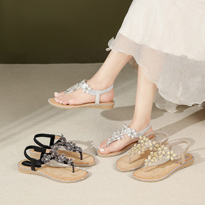 <span class=keywords><strong>Sandali</strong></span> piatti da donna stile pop con decorazioni floreali e strass, taglia grande, leggeri, per tutti i giorni e per l'esterno - Product Image 1