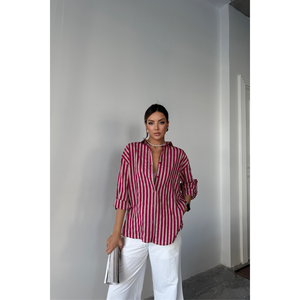 Camisa de Lino a Rayas Borgoña para Mujer, Colección de Blusas y Camisas Elegantes - Product Image 5