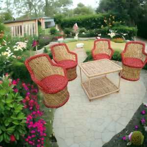 เบาะหวายไม้ไผ่สำหรับ2024 4เก้าอี้พร้อมโต๊ะชากาแฟชุดสวนหวายคาเฟ่เฟอร์นิเจอร์ลาน - Product Image 4