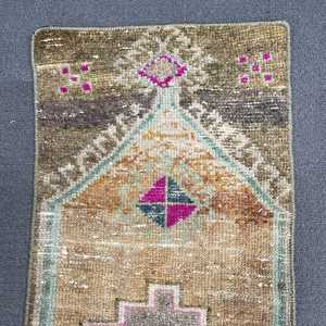 Turkish Vintage Small Rug 1.1x2.7 ft, <b>Brown</b> Pink Floral <b>Wool</b> Rug - Product Image 3