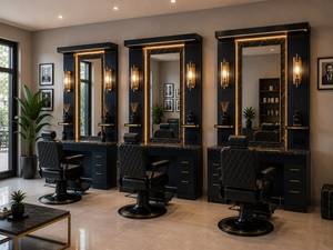 Station de barbier moderne de luxe noire avec miroir LED, construction durable en MDF, étagères de rangement, comptoir |   Barbier professionnel sur mesure - Product Image 2