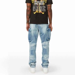 Pantalon cargo en denim décontracté pour homme, coton de haute qualité, jean bleu clair, décoration boutonnée, taille mi-haute, style droit, lavage moyen - Product Image 4