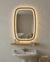 Miroir LED rectangulaire arrondi en bois CE pour salle de bain et salon, avec fonction anti-buée et interrupteur tactile en option