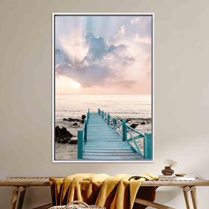 Canvas: Coastal Sky Landscape with Wood Bridge on Sea Print,WHITE <b>FRAMED</b> CANVAS - Product Image 1