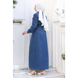 Manteau modeste bleu à devant ouvert et élastiqué MSW19228-1 par Jacket & Trenchcoat - Product Image 4