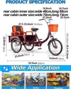 Bicicleta Cruiser de 3 Ruedas Plegable con Asiento Ajustable para Pasajero/Carga, Ruedas Todoterreno de 20 Pulgadas, Engranajes Perfectos, El Mejor Cuadro - Product Image 5