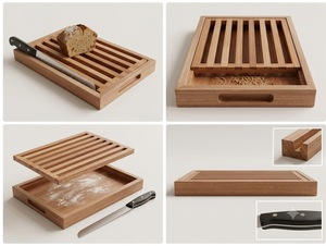 Tabla de cortar pan de madera hecha a mano, rectangular, multifuncional, con bandeja para migas extraíble, mango de madera, empaque individual. - Product Image 5