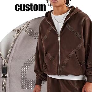 Sudadera con capucha con logotipo personalizado de gran tamaño lavado con ácido personalizado de lujo de la mejor calidad diamantes de imitación desgastados Regular Fit hombres ropa de calle Unisex - Product Image 3