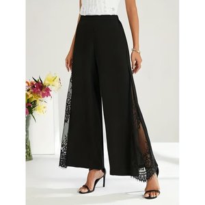 Pantalon en crêpe importé à taille haute pour femme avec bordure en dentelle sur le côté, 36837 - Noir - Product Image 2