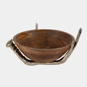 Bol de service en bois naturel de conception traditionnelle pour la cuisine à manger bol de vaisselle avec bol de service d'accent de fleur d'argent en vente - Product Image 4