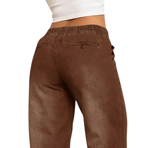 Jean en denim marron pour femme, taille mi-haute, coupe droite décontractée, respirant, 100% coton, couleur unie, lavage vintage, automne - Product Image 4
