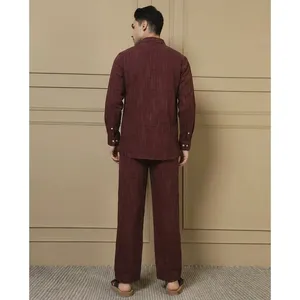 Amanush <b>Men's</b> Maroon Cotton Textured Woven Co-Ord Set Mandarin Collar Full Sleeve Kurta Pant Casual Summer Daily Wear 2 Piece - Product Image 4
