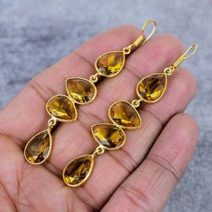 Pendientes de Plata de Ley 925 Chapados en Oro con Citrino Cuarzo Hechos a Mano - Pendientes de Gota de Pera de Citrino para Mujer - Product Image 3