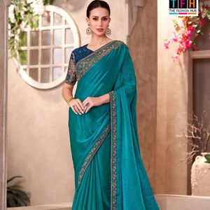 Magnifique Saree en soie de créateur exclusif avec bordure de travail de séquence de broderie de haute qualité pour la fête de mariage Style pakistanais - Product Image 1