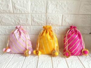 Indian Wedding <b>Potli</b> <b>Bag</b> Desi Mithai/Bhaji/Ladoo <b>Bag</b> for Return Gifts Lehariya Giveaway <b>Potli</b> with Gota Work Tassels Dry Fruits - Product Image 5