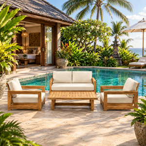 <b>Outdoor</b> Teak Tropical Villa Garden <b>Sofa</b> Set <b>Cushioned</b> Patio Couch Armchairs Coffee Table Poolside Seating - Product Image 2
