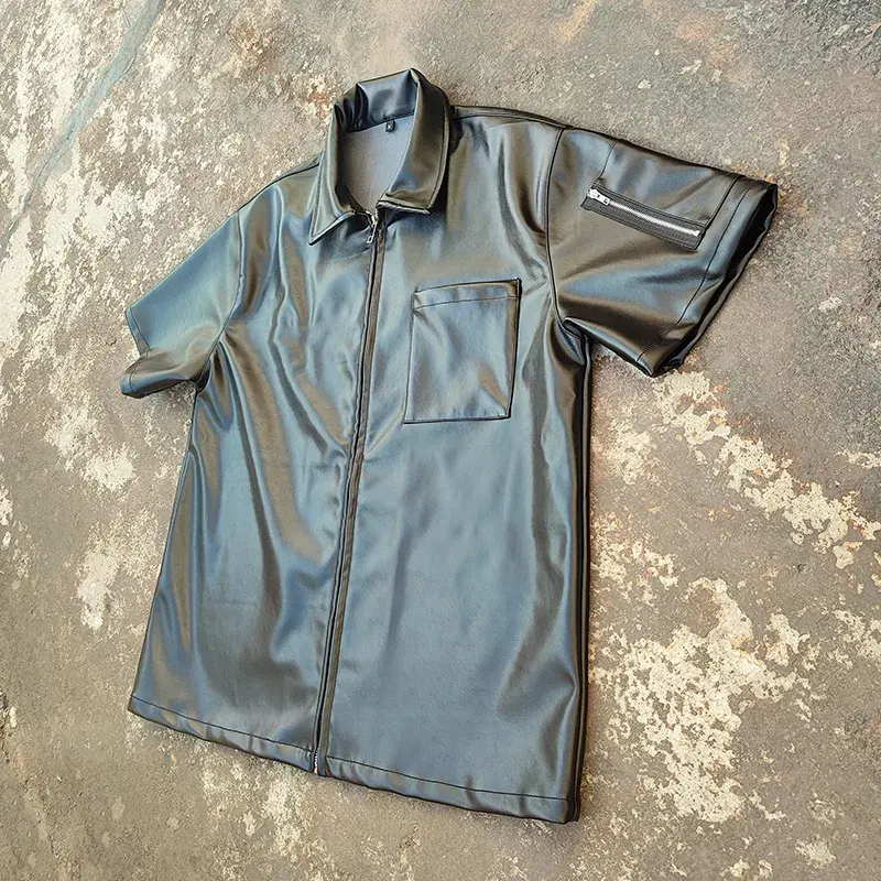2024カスタムメーカーストリートウェア高品質半袖ジップアップレザーシャツ男性用ボクシーフィットブランクTシャツ